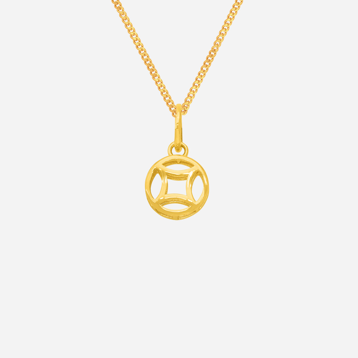 golden coin pendant made of 22k yellow gold with a clean, dimensional design and intricate cut-out details.