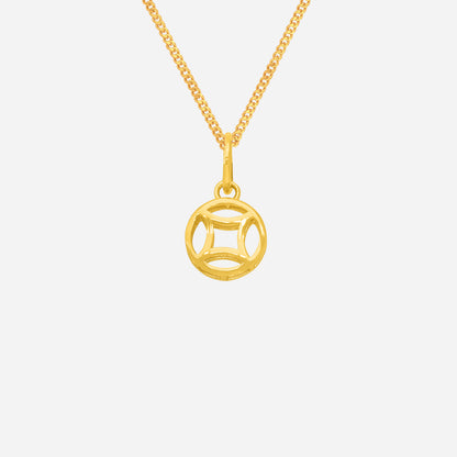 Golden coin pendant made of 22K yellow gold with a clean, dimensional design and intricate cut-out details.