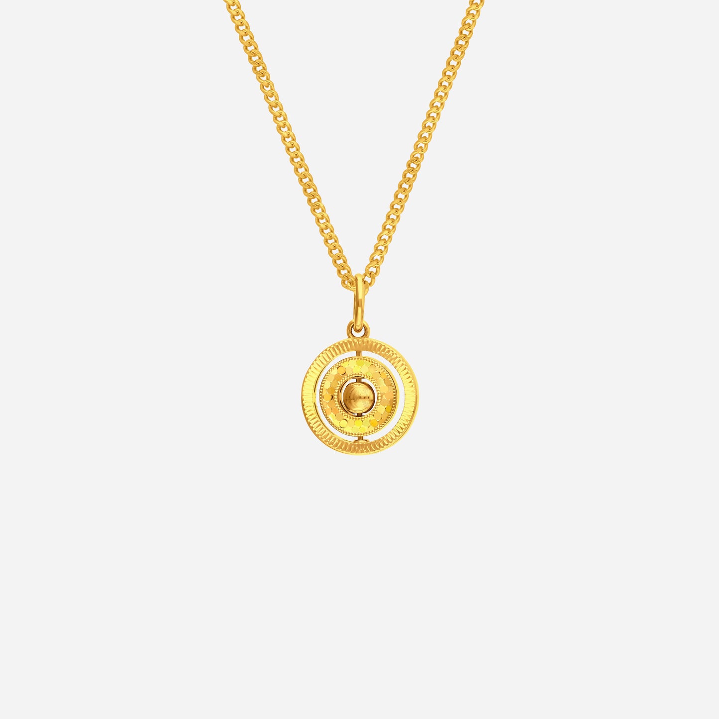 lucky circle pendant in 22k yellow gold with textured circular frame and central motif for protection and prosperity.