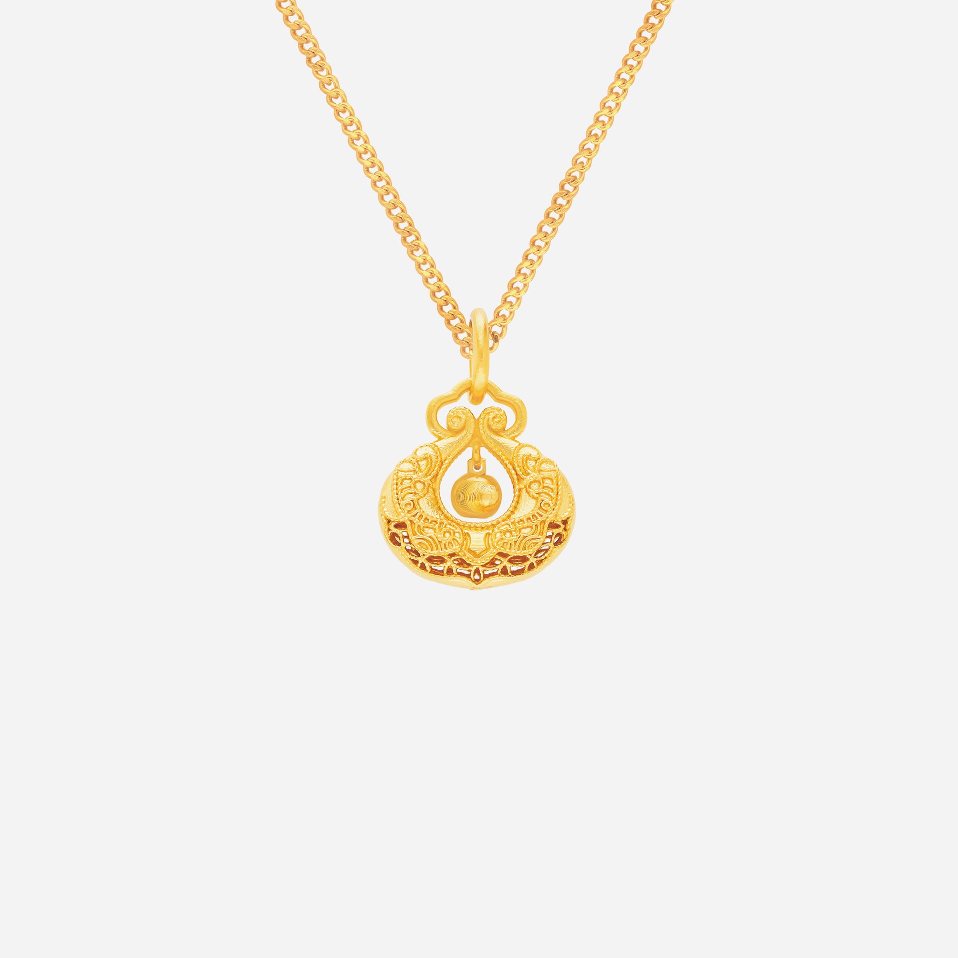 Fortune Pouch Pendant in 22K yellow gold with intricate openwork design and suspended gold bead. Chain not included.