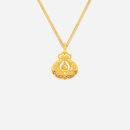 Fortune Pouch Pendant in 22K yellow gold with intricate openwork design and suspended gold bead. Chain not included.