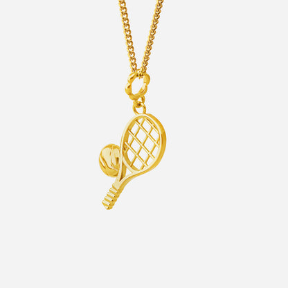22K yellow gold tennis pendant featuring a finely sculpted racket and ball motif, perfect for athletes.