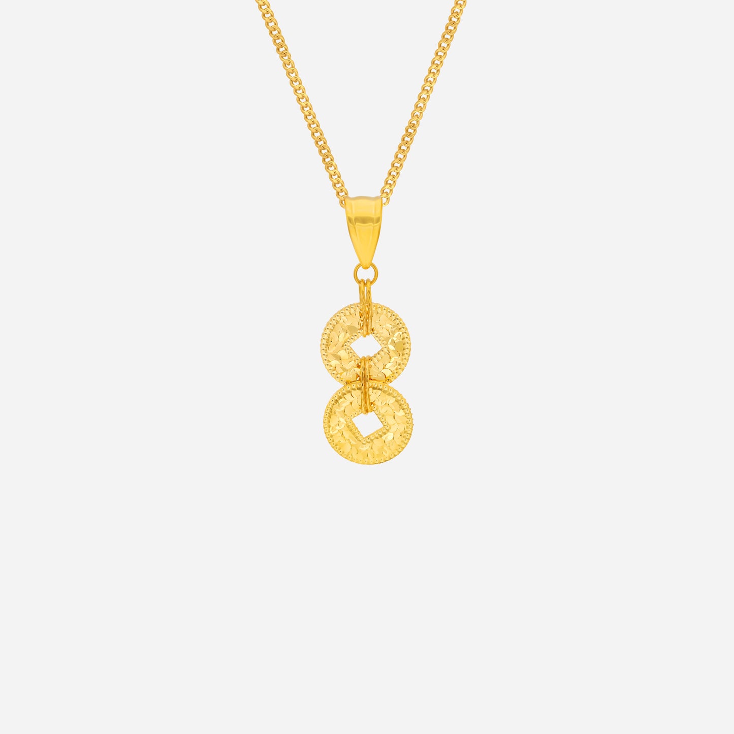 yellow gold coin of wealth pendant featuring dual textured circles and a square cutout design. perfect for elegant styling.