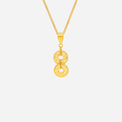 Yellow gold Coin of Wealth pendant featuring dual textured circles and a square cutout design. Perfect for elegant styling.
