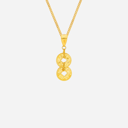 Elegant yellow gold Coin of Wealth pendant featuring intertwined double rings and intricate detailing.