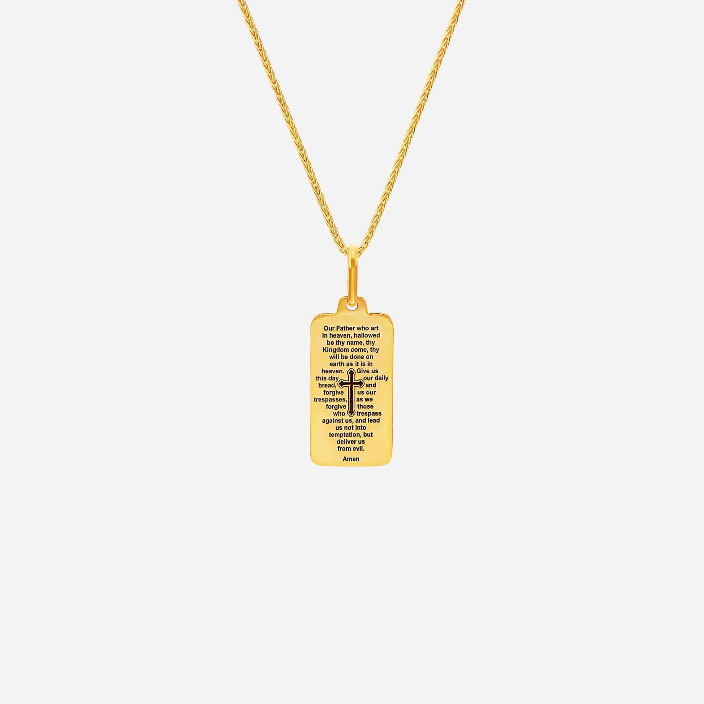 lord's prayer pendant in yellow gold, rectangular design with engraved text, elegant chain sold separately.