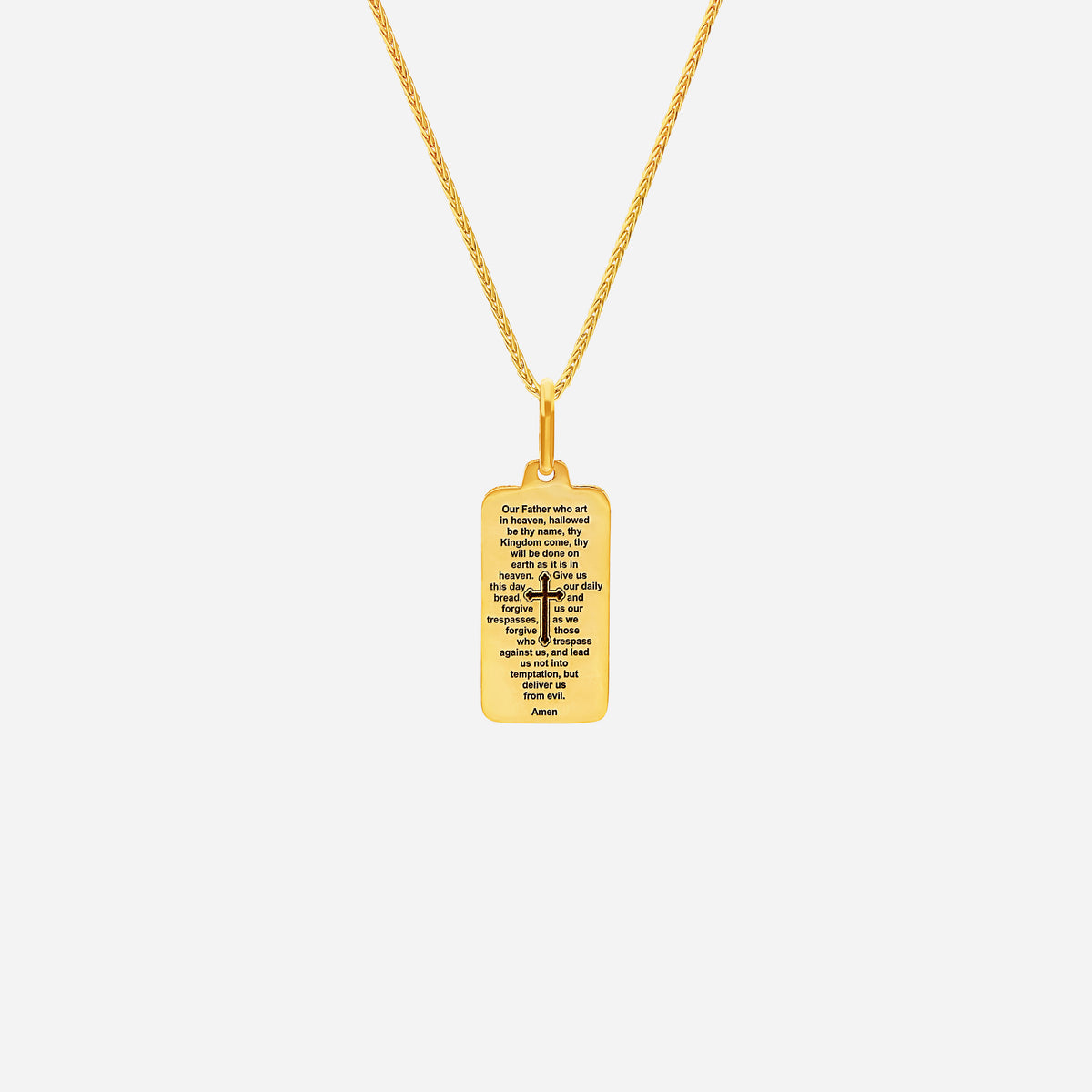 Lord's Prayer Pendant in yellow gold, rectangular design with engraved text, elegant chain sold separately.