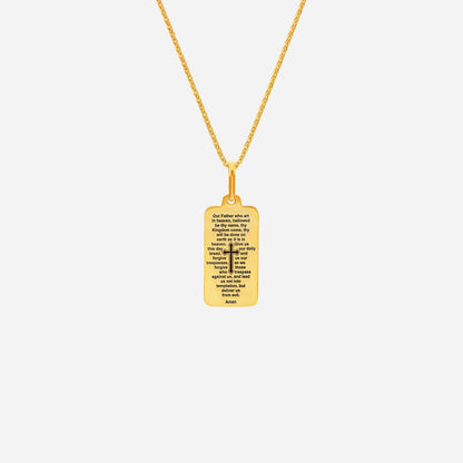 Lord's Prayer Pendant in yellow gold, rectangular design with engraved text, elegant chain sold separately.