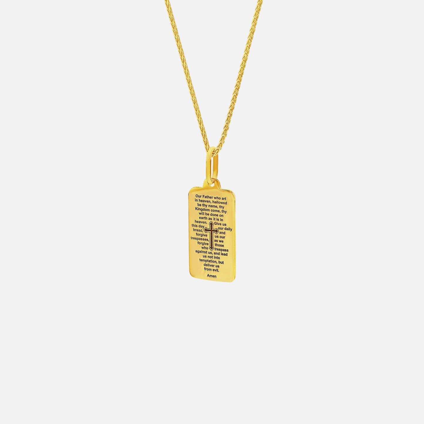 lord's prayer pendant in 22k yellow gold with engraved text, featuring a classic dog tag design. chain sold separately.