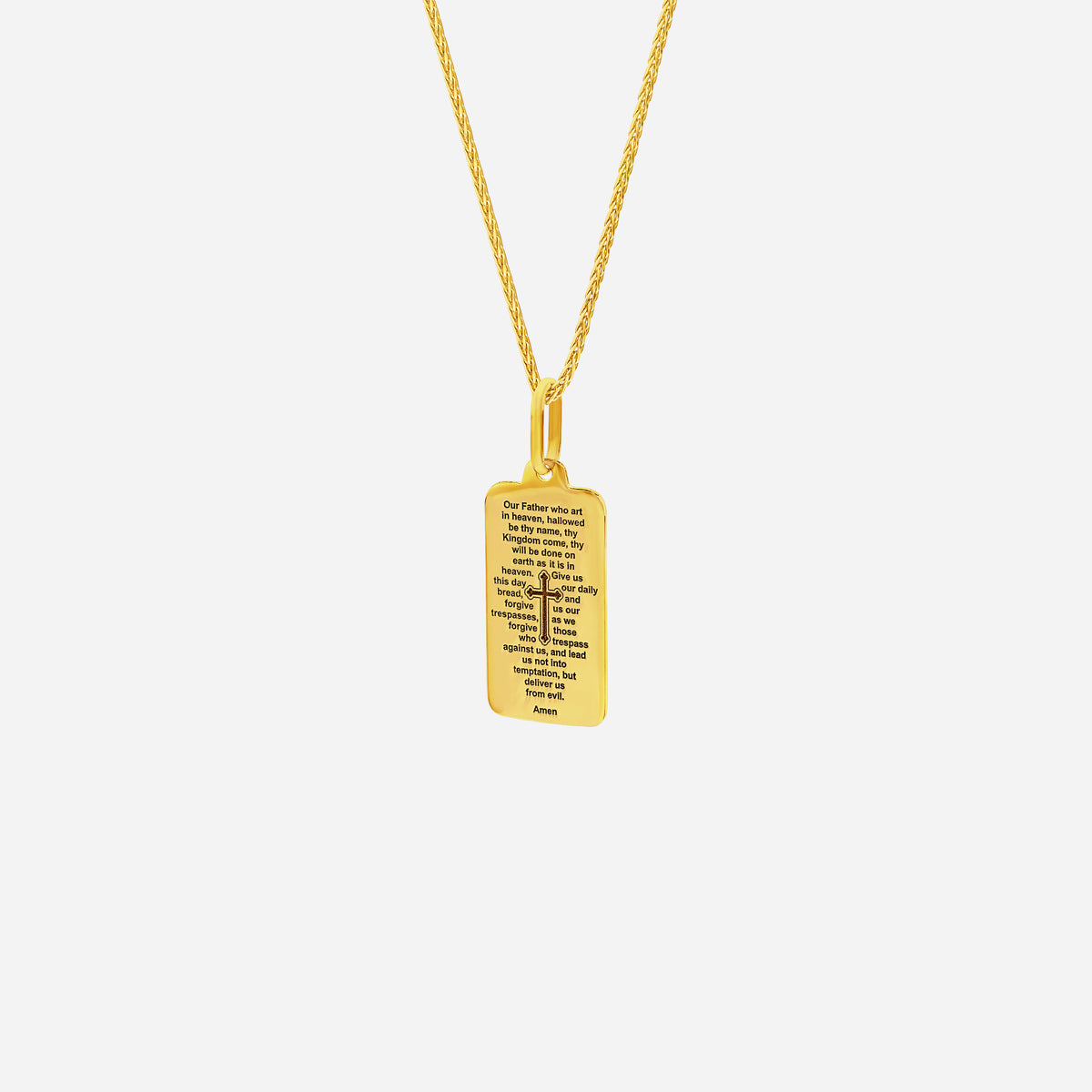 Lord's Prayer pendant in 22K yellow gold with engraved text, featuring a classic dog tag design. Chain sold separately.