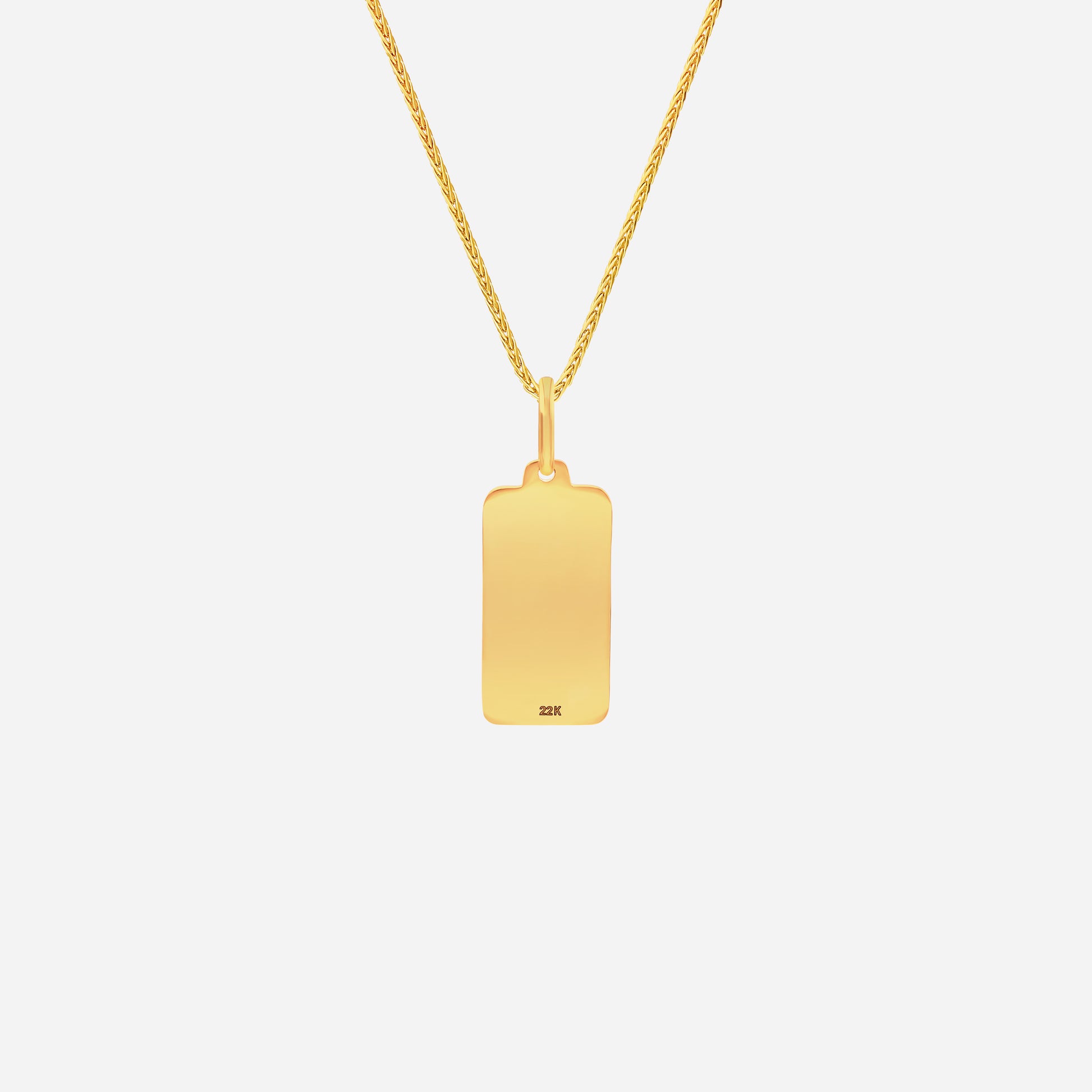 Lord's Prayer pendant in radiant 22K yellow gold with a sleek rectangular design, perfect for personal engraving.