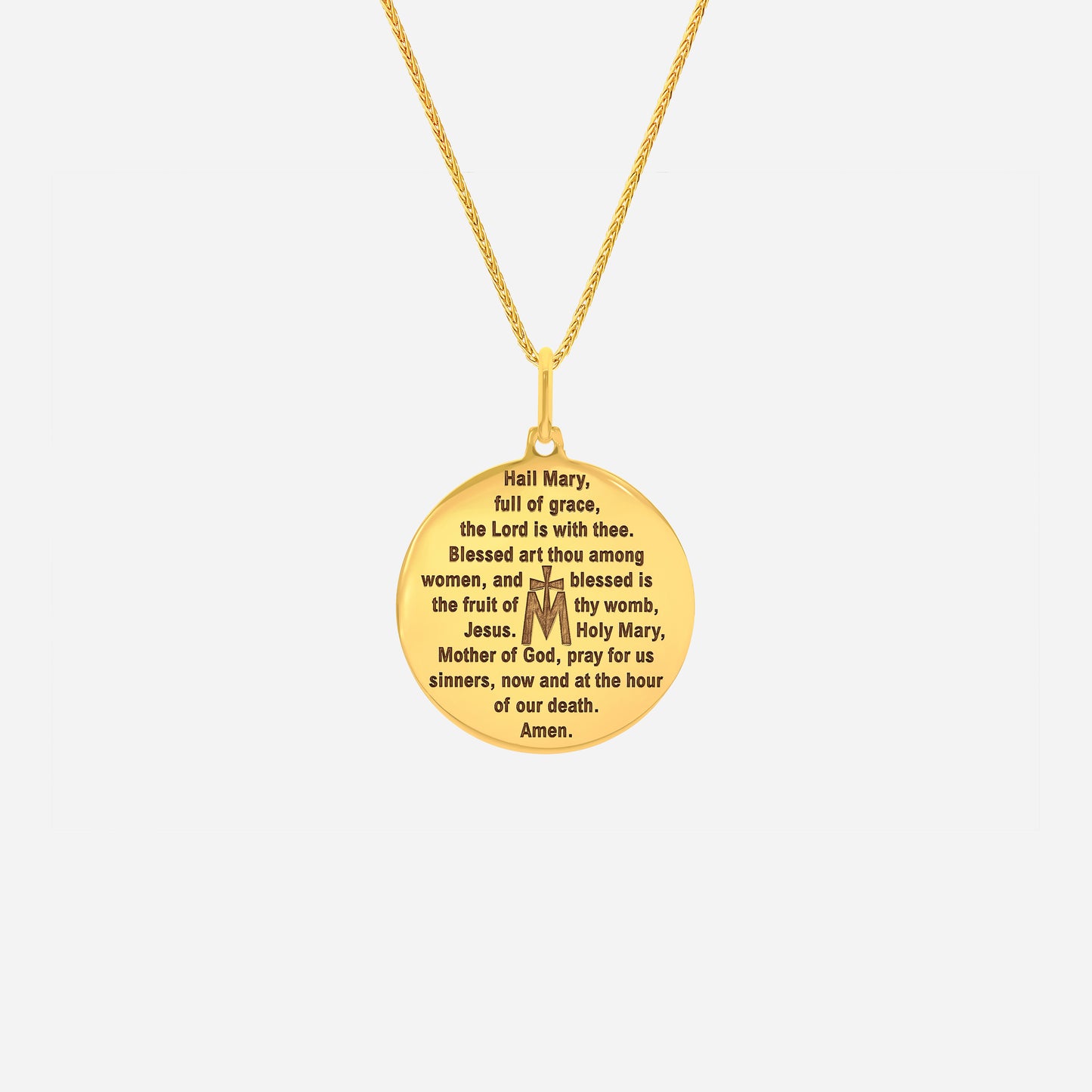 ave maria pendant in 22k yellow gold featuring engraved prayer, elegant design, and a polished finish for spiritual devotion.
