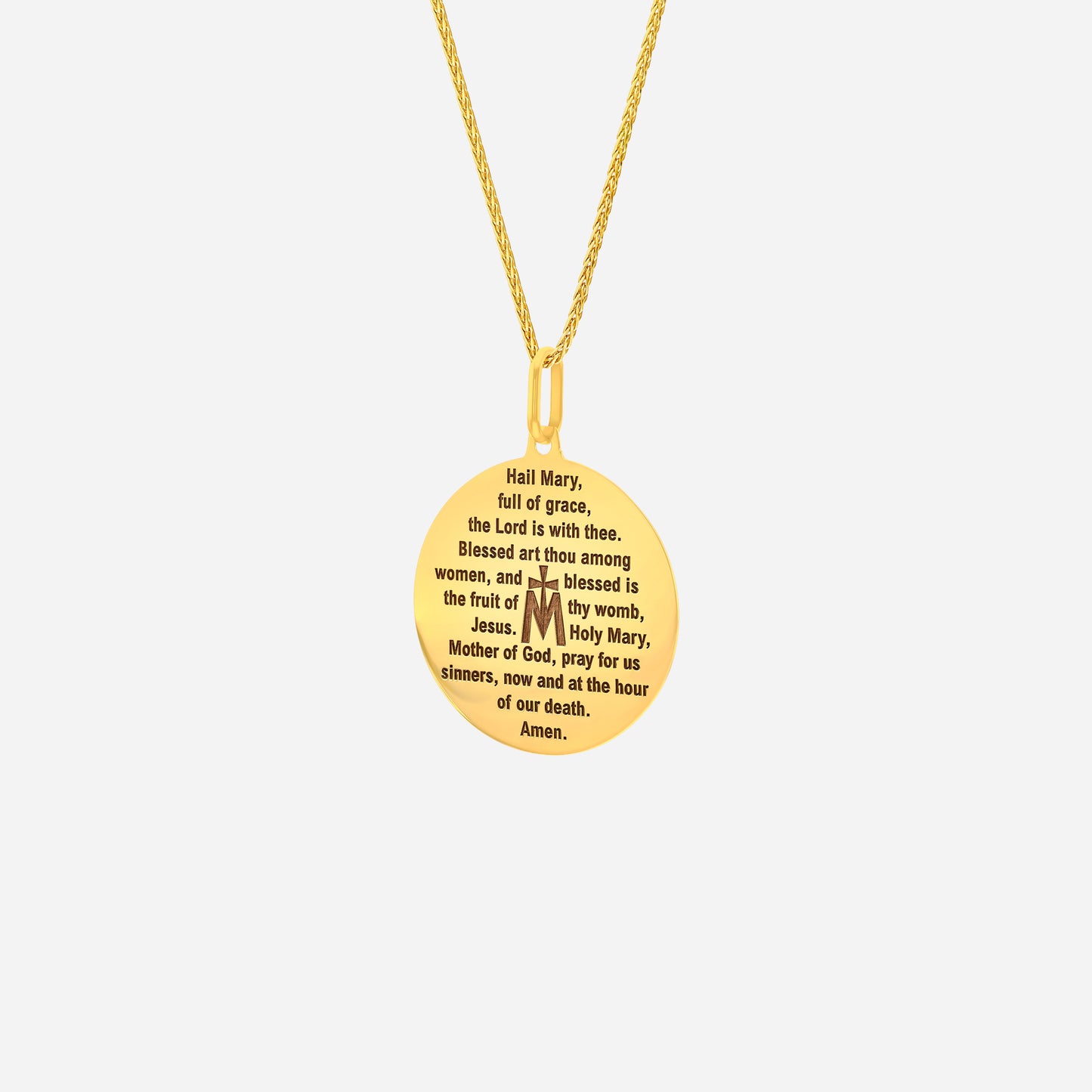 ave maria pendant in 22k yellow gold with engraved prayer text, featuring a smooth oval design. chain not included.