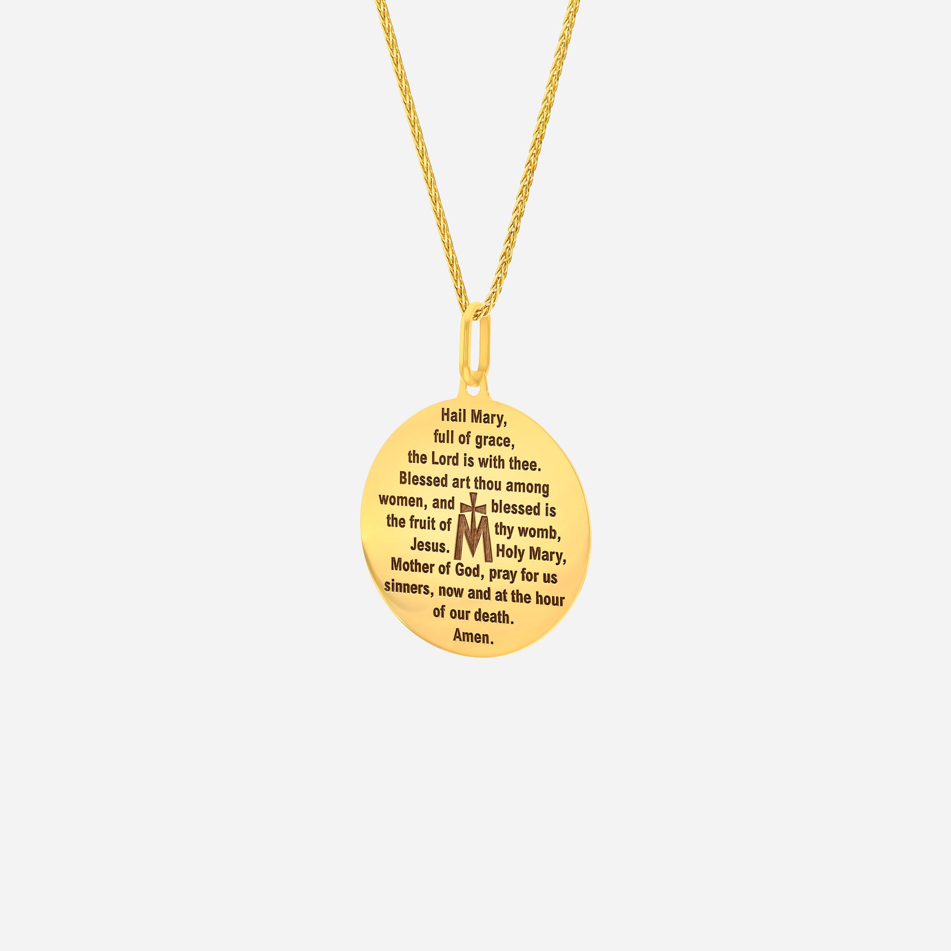 Ave Maria pendant in 22K yellow gold with engraved prayer text, featuring a smooth oval design. Chain not included.