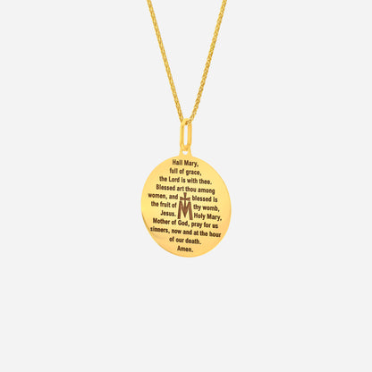 Ave Maria pendant in 22K yellow gold with engraved prayer text, featuring a smooth oval design. Chain not included.