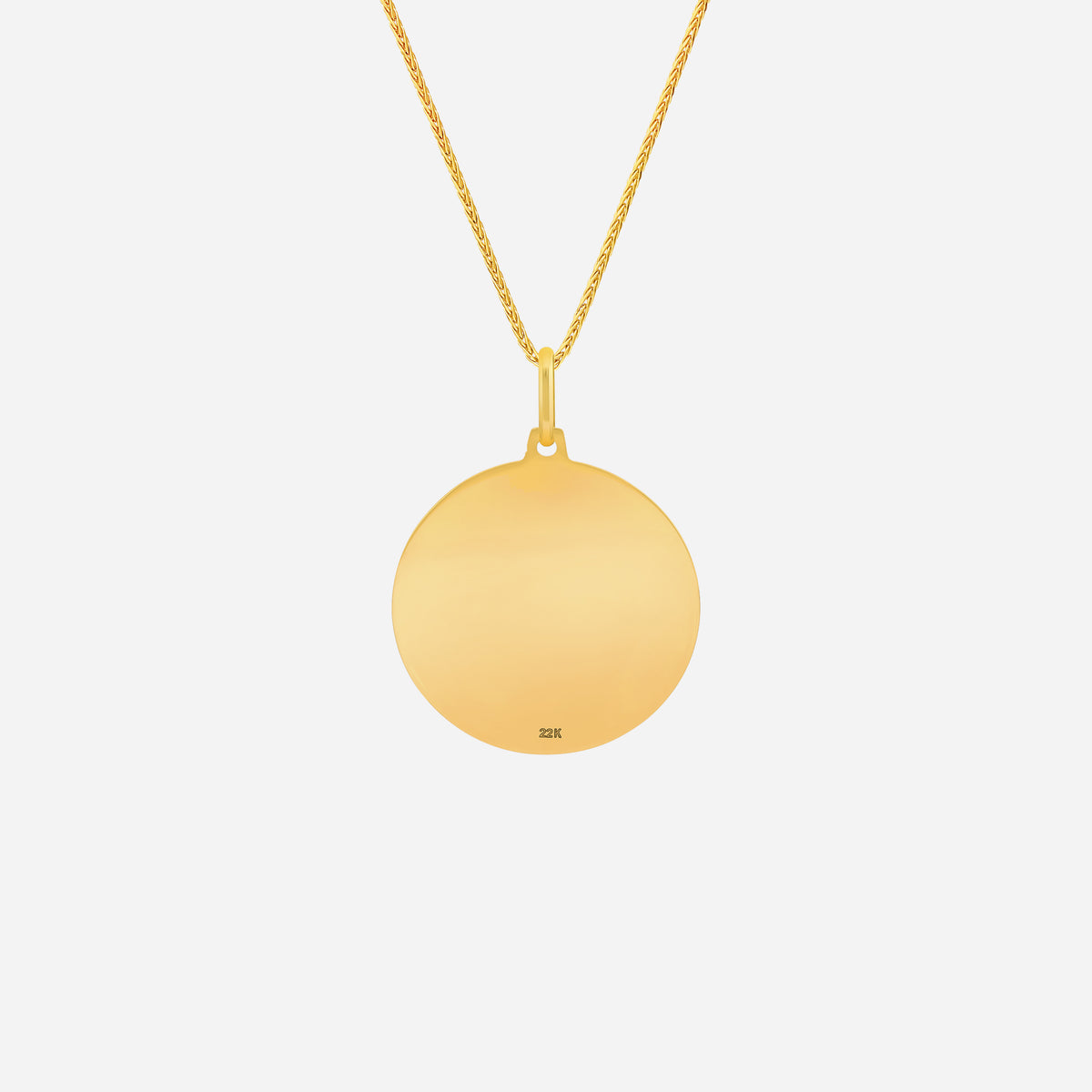 ave maria pendant in 22k yellow gold, round design with an engravable surface, gold chain not included.