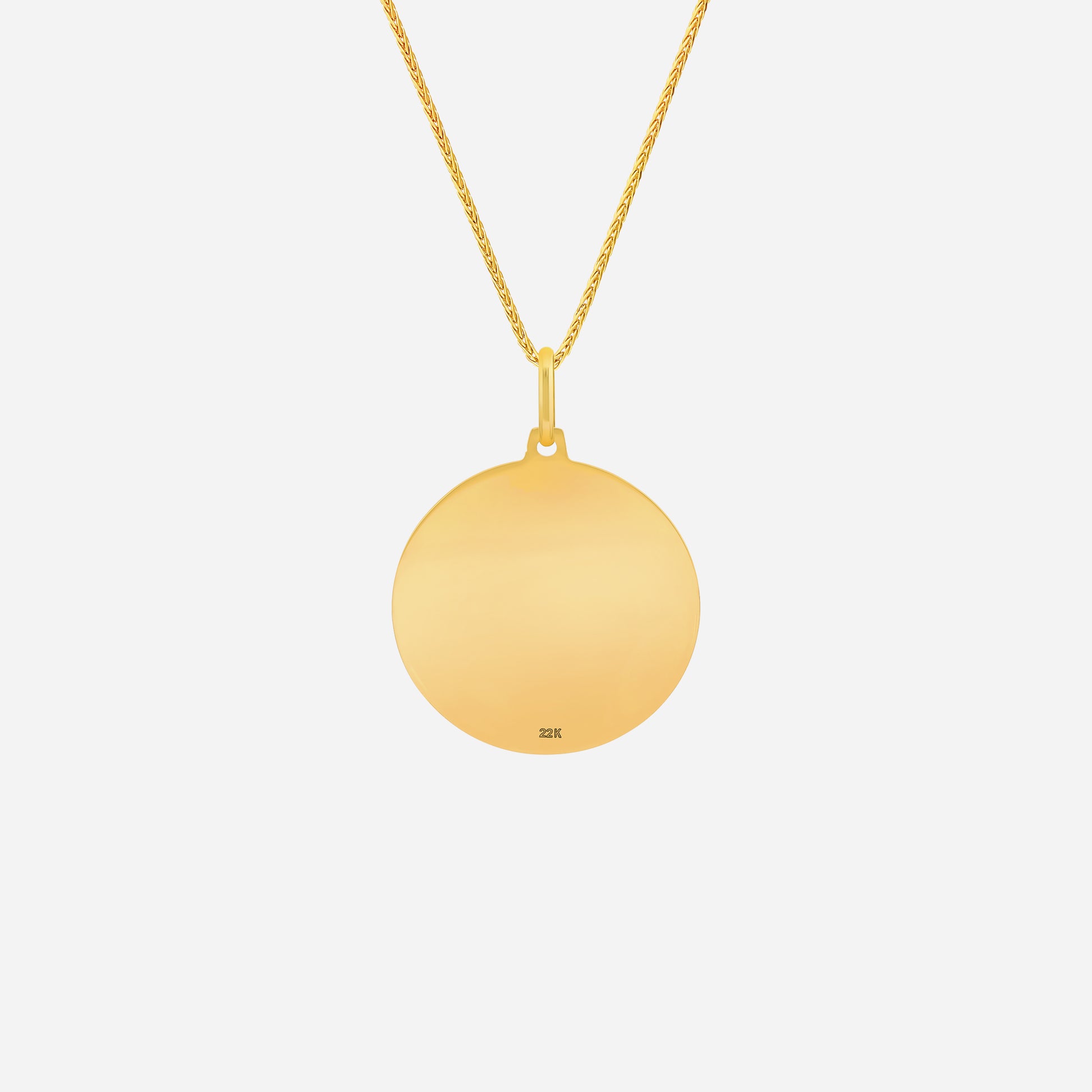 Ave Maria pendant in 22K yellow gold, round design with an engravable surface, gold chain not included.