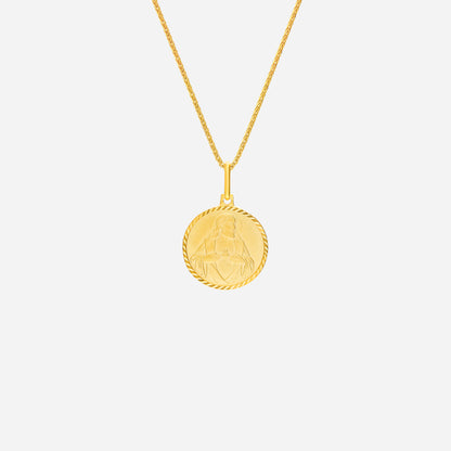 Sacred Heart Pendant in 22K yellow gold with intricate design, featuring a textured round medallion. Chain not included.