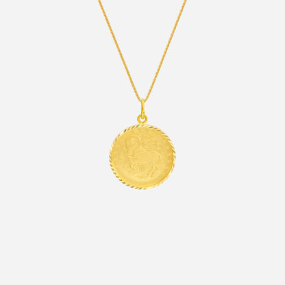 Prosperity Goat Pendant in 22K yellow gold with intricate goat design and twisted edge detail. Chain sold separately.