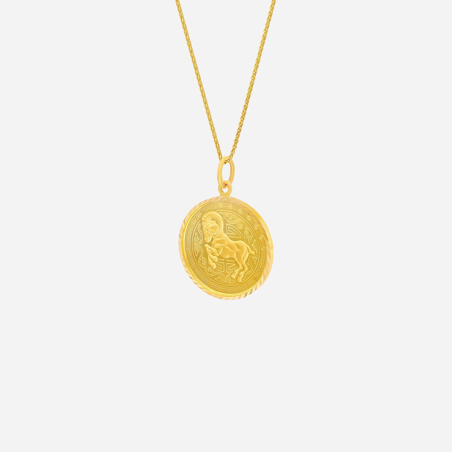 prosperity goat pendant in 22k yellow gold featuring intricate goat design and radiant golden tones.