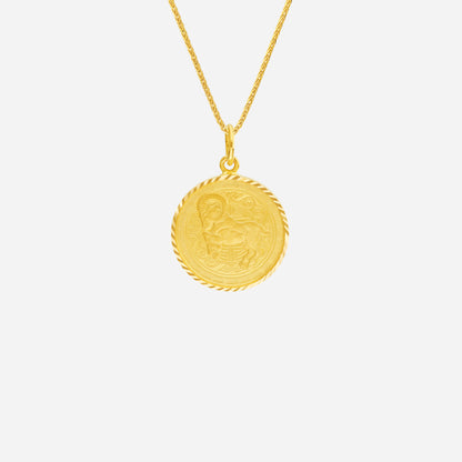 Prosperity Goat Pendant in 22K yellow gold featuring intricate goat design and twisted rope edge.