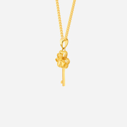 Clover Key Pendant in 24K Yellow Gold featuring a four-leaf clover design and slender key, perfect for new beginnings.