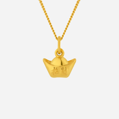 Gold Prosperity pendant in 24K yellow gold featuring a charming boat design with engravings for good fortune.