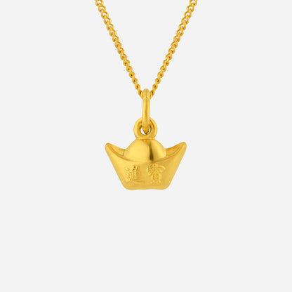 Gold Prosperity pendant in 24K yellow gold featuring a curved design and engraved symbol, perfect for elevating style.