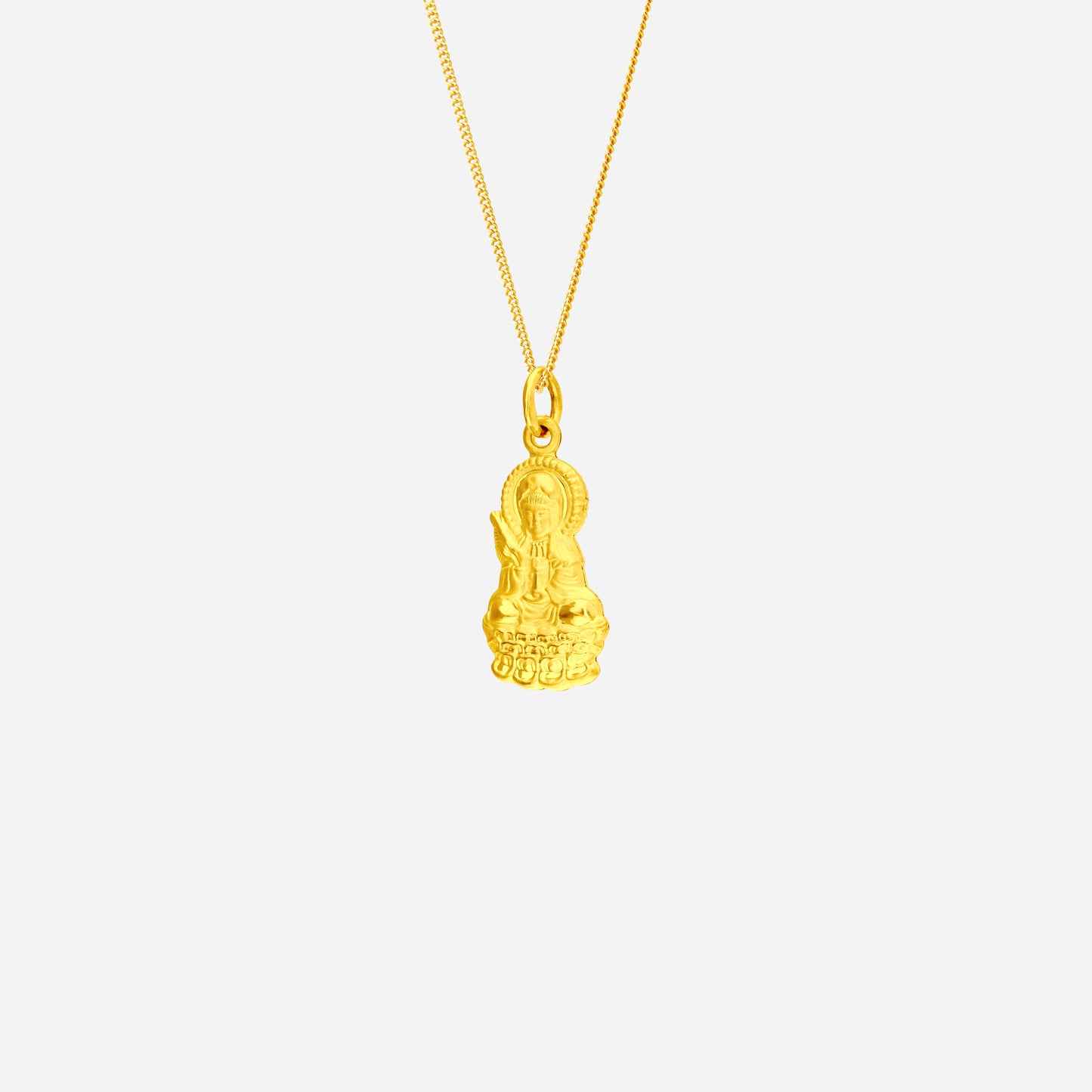 goddess of mercy pendant in 24k yellow gold, featuring intricately carved guan yin on a delicate chain.