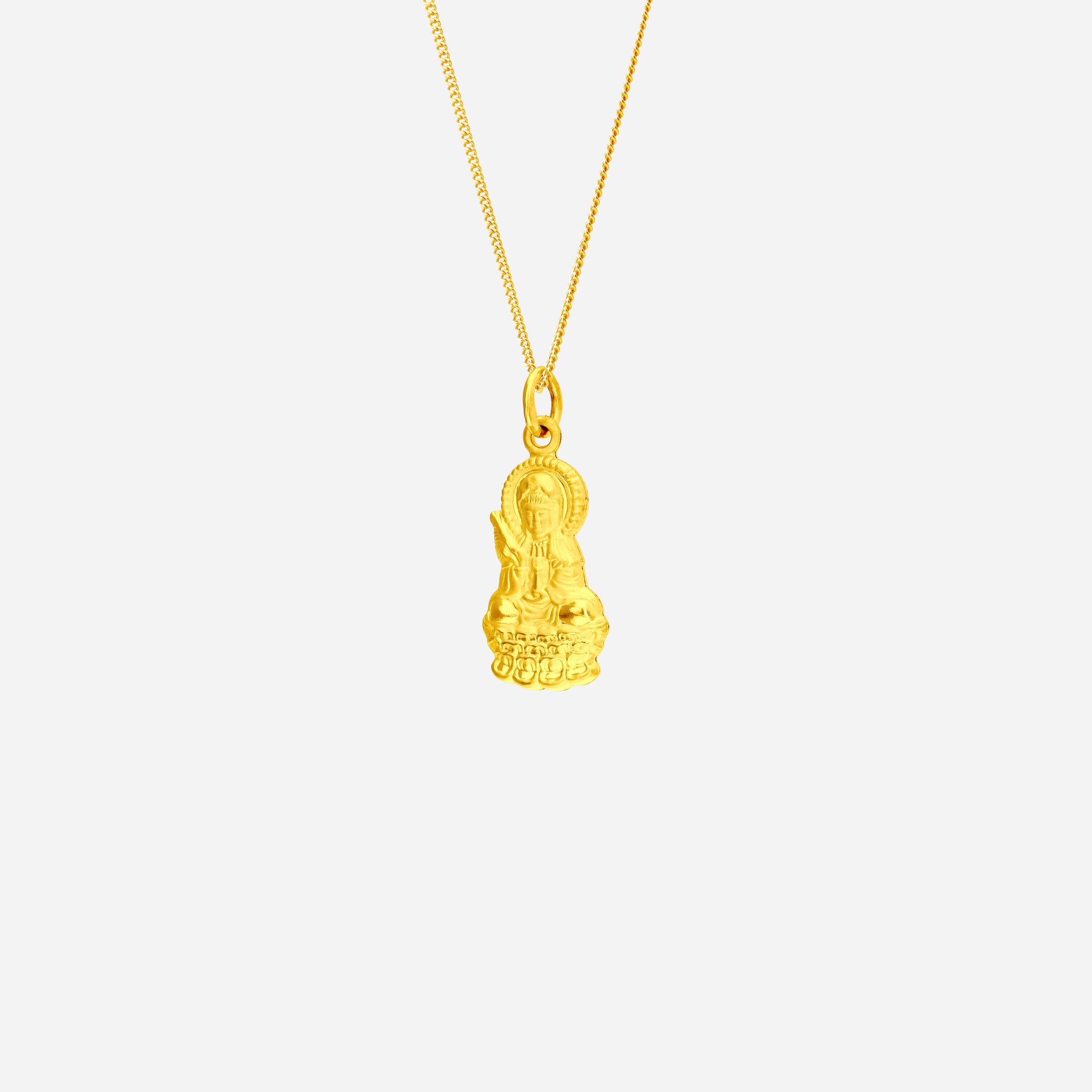 Goddess of Mercy pendant in 24K yellow gold, featuring intricately carved Guan Yin on a delicate chain.