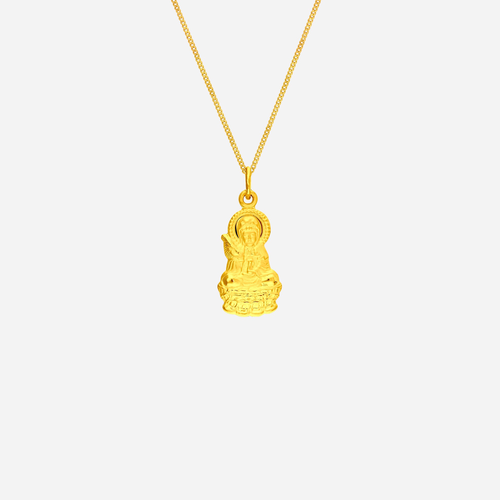 Goddess of Mercy pendant in 24K yellow gold featuring intricate details and serene design, symbolizing compassion and protection.