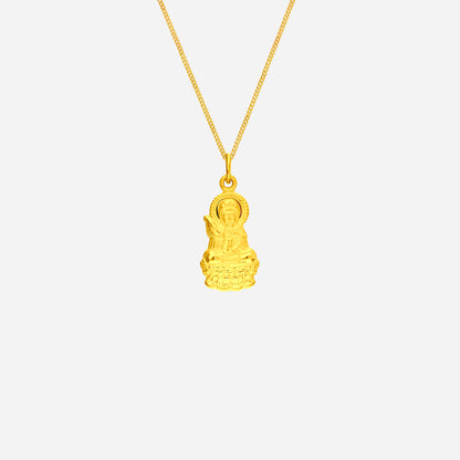 Goddess of Mercy pendant in 24K yellow gold featuring intricate details and serene design, symbolizing compassion and protection.