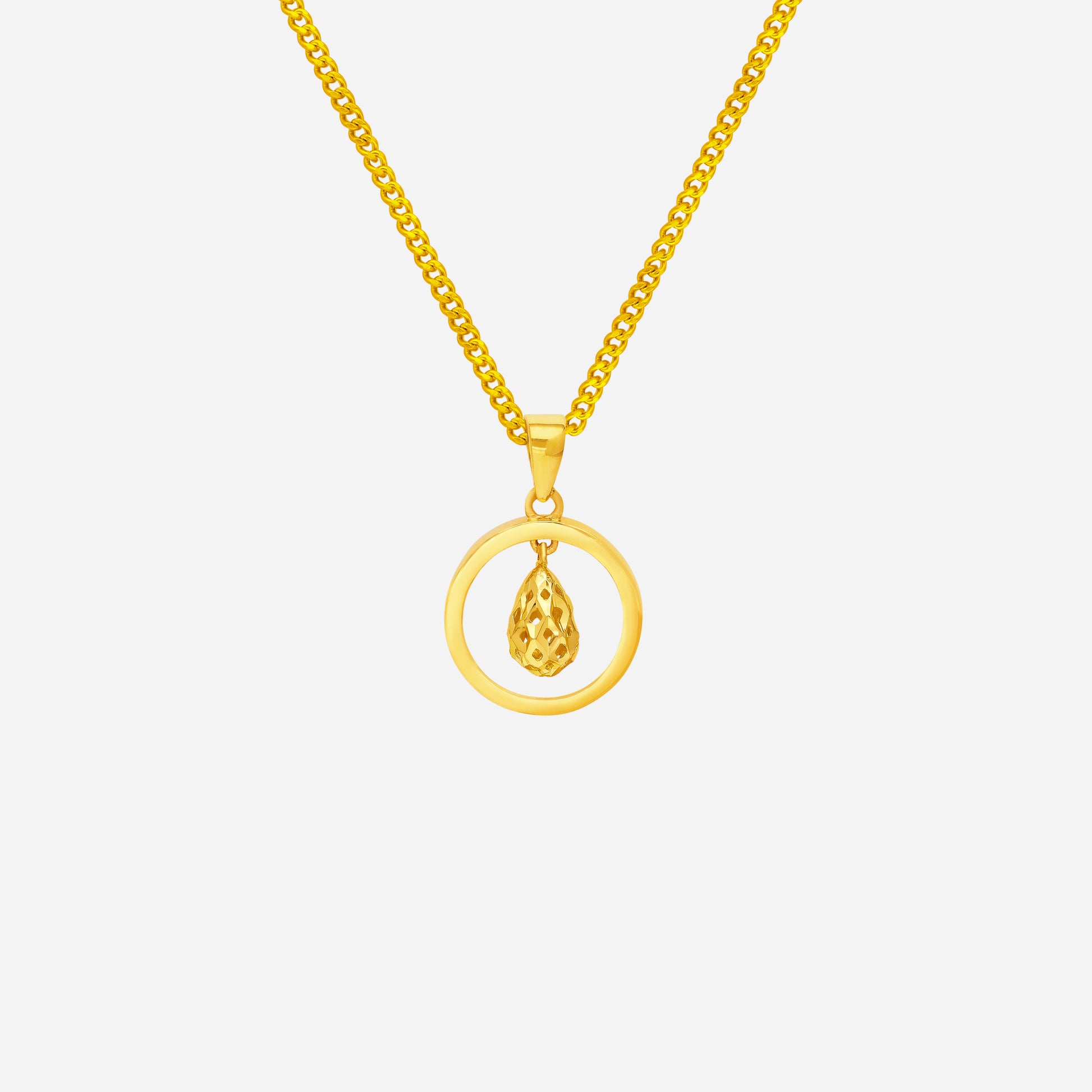 Duo Dew Pendant in 24K yellow gold featuring a luminous lattice drop and sleek circular frame design.