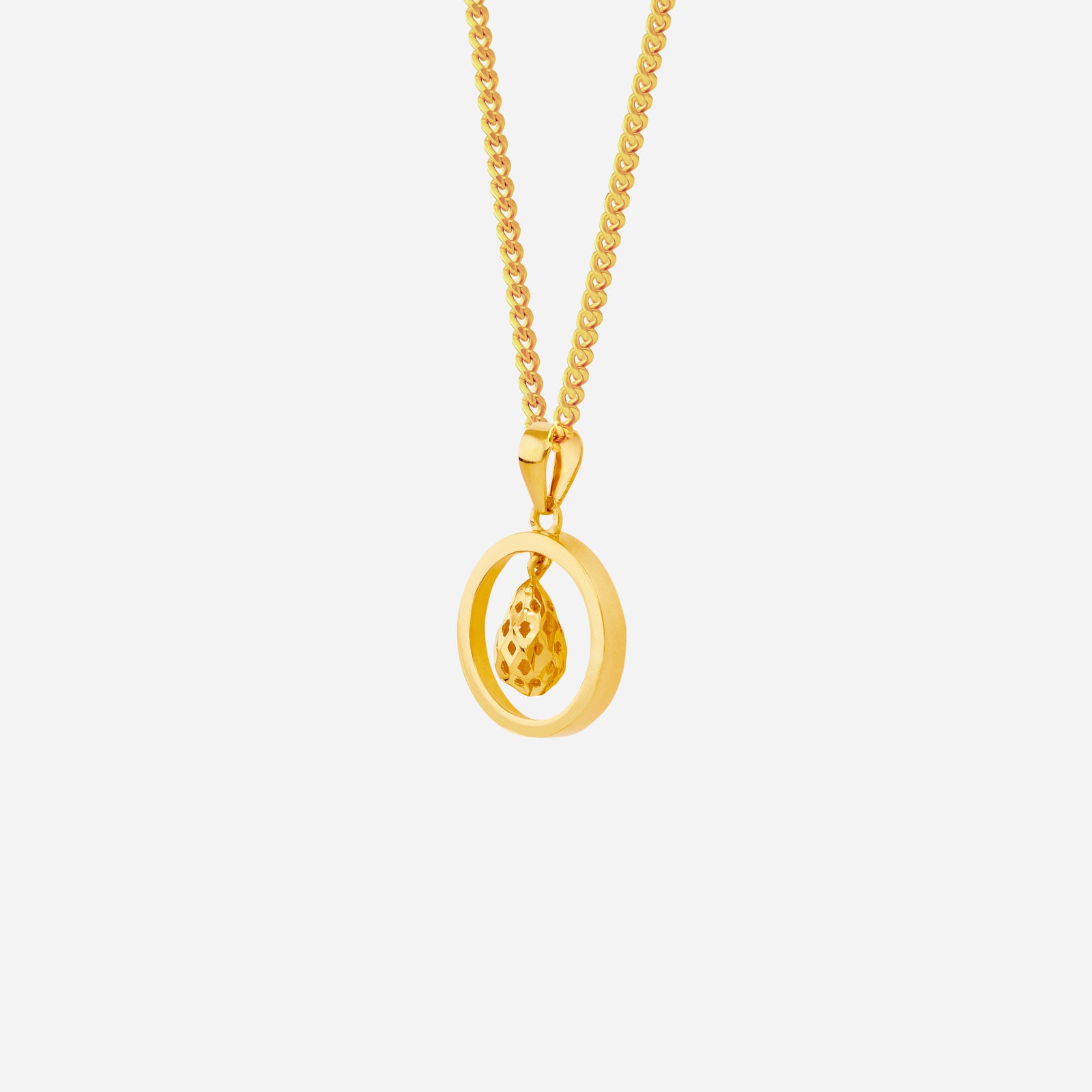 Duo Dew Pendant in 24K yellow gold featuring a lattice drop within a sleek circular frame. Elegant and modern design.