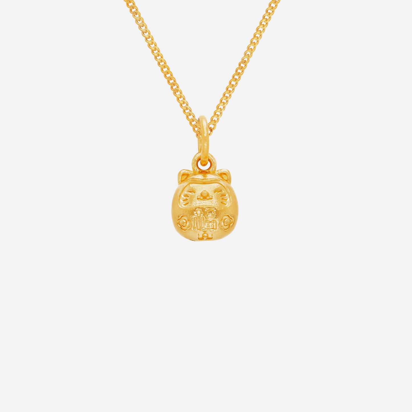 fortune cat pendant in 24k yellow gold, features a detailed cat design, symbolizing wealth and luck. chain sold separately.