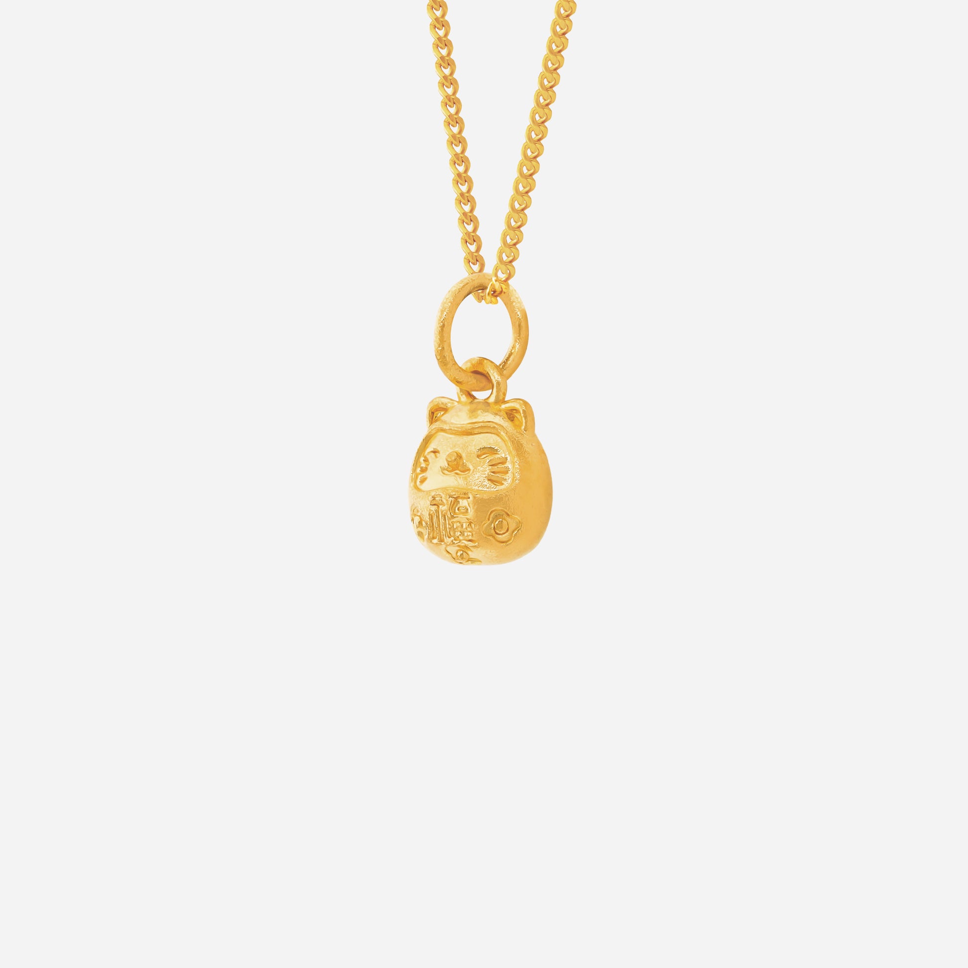 Fortune Cat Pendant in 24K yellow gold with intricate detailing and gentle contours for good luck and prosperity.