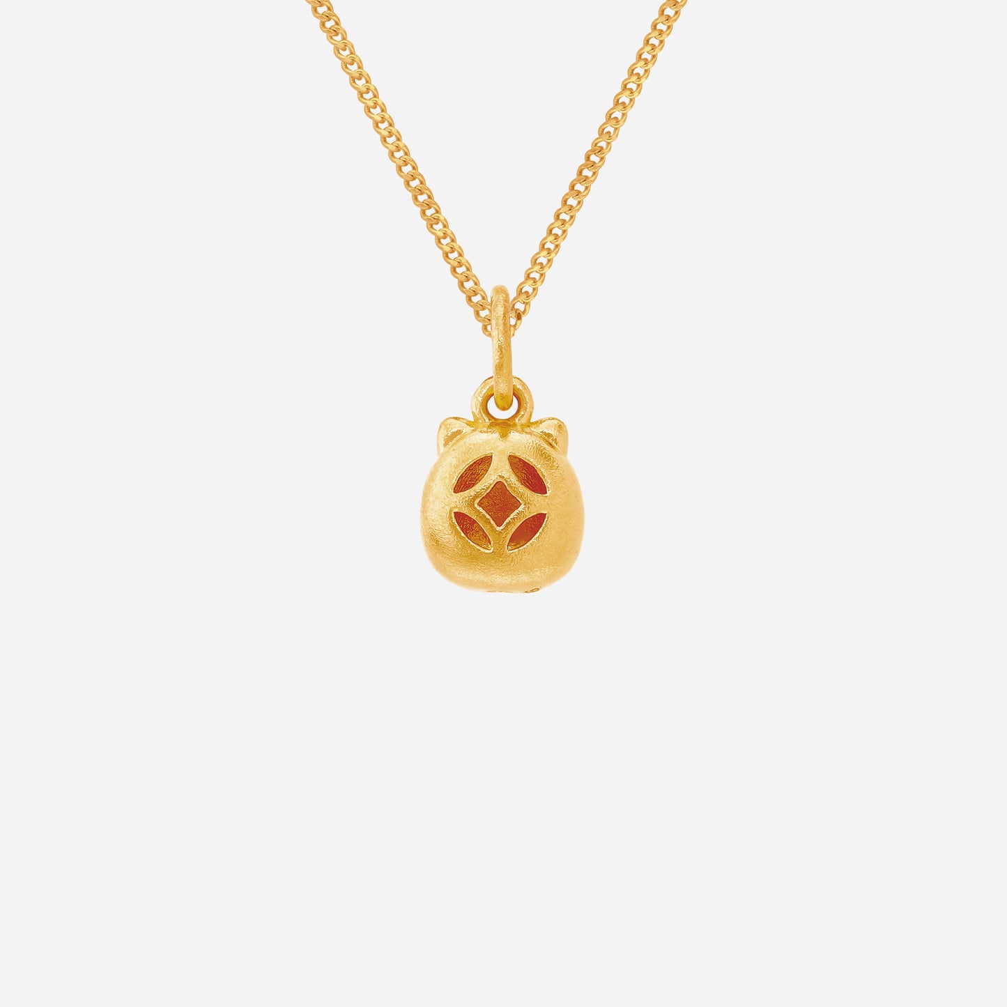 fortune cat pendant in 24k yellow gold with detailed facial features and intricate design elements.