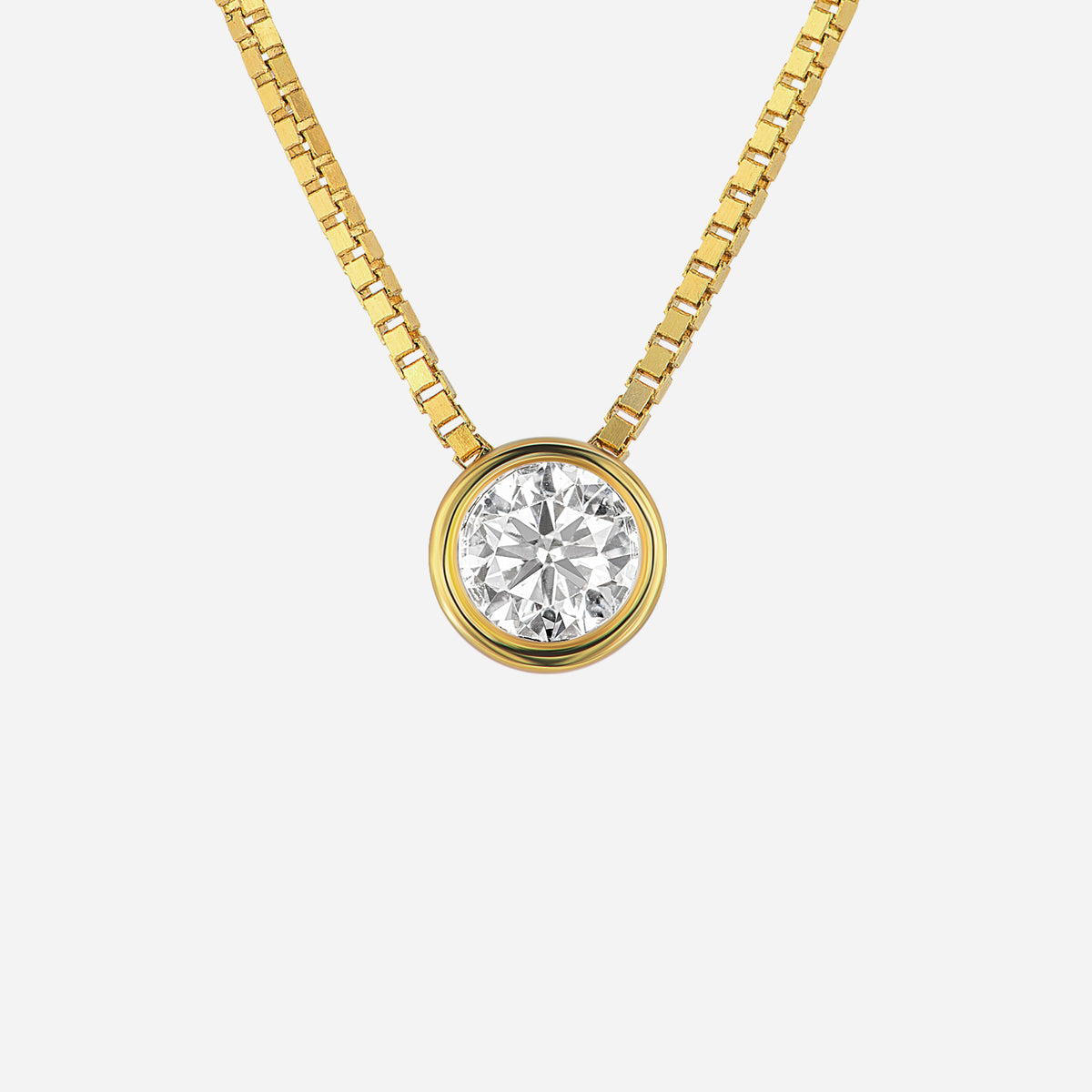 18K yellow gold pendant featuring a stunning round diamond centerpiece in a sleek modern design.