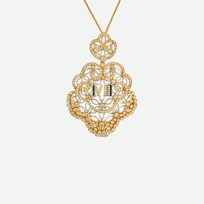 Couture Odyssey pendant in yellow and white gold with diamonds, featuring intricate design and Roman numeral VII.