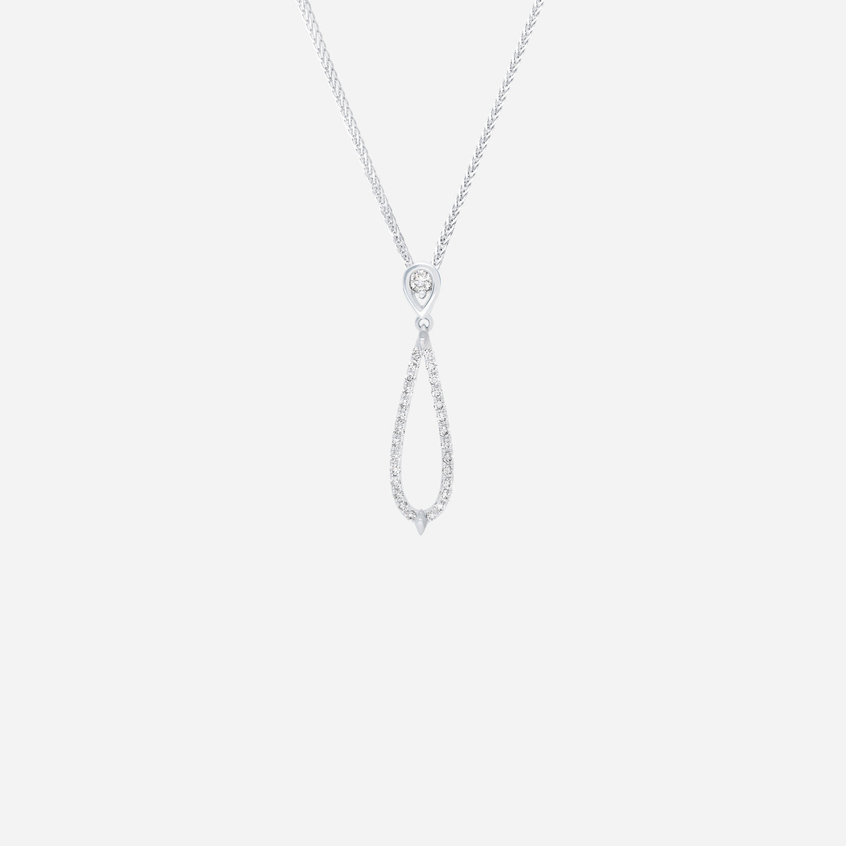 Aurora Dewdrops diamond pendant in 18K white gold with a teardrop design and pavé-set diamonds. Elegant and refined look.