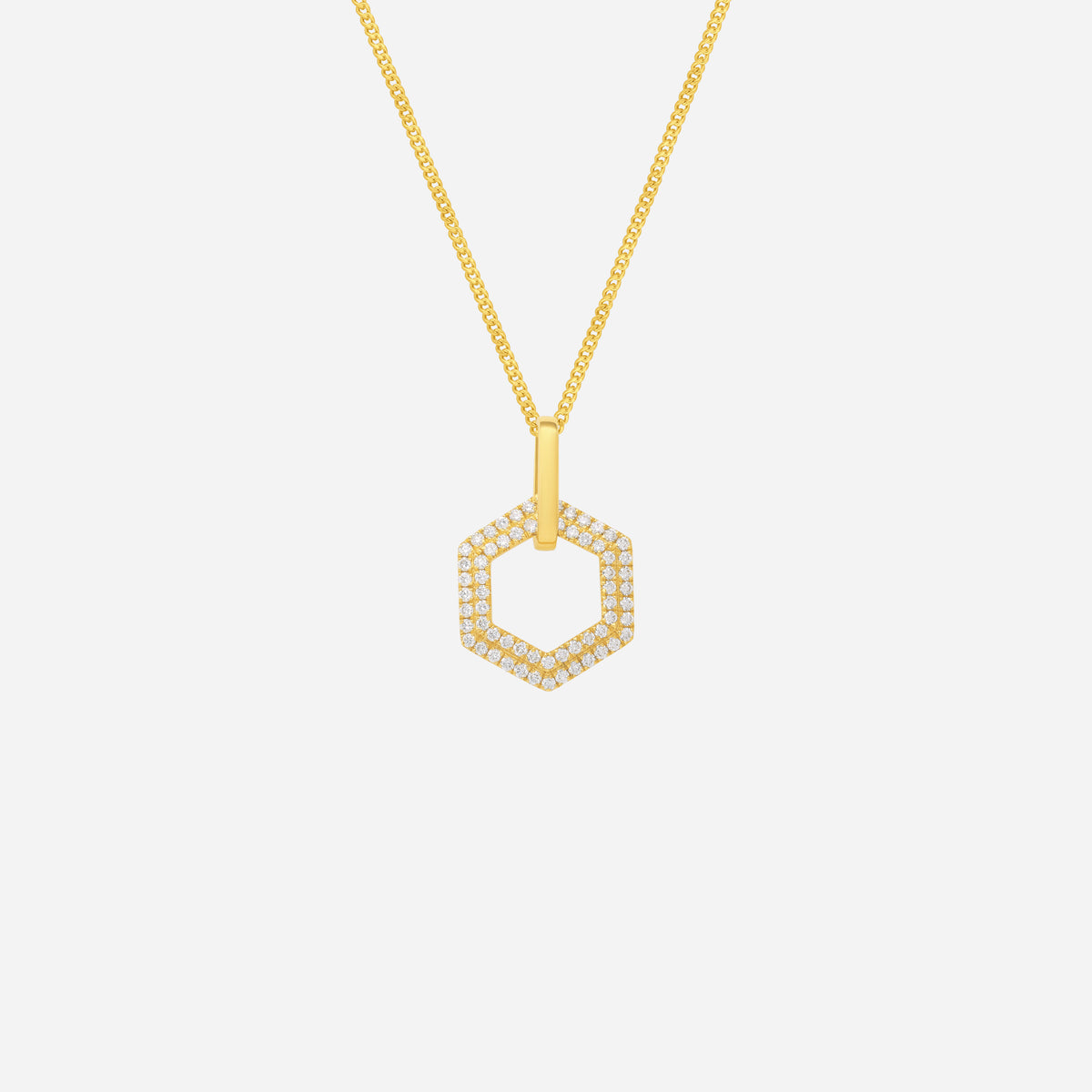 hexagonal diamond pendant in 18k yellow gold, featuring pavé-set diamonds and a contemporary geometric design.