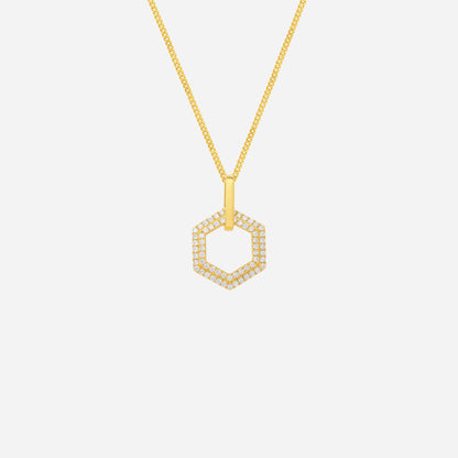 Hexagonal diamond pendant in 18K yellow gold, featuring pavé-set diamonds and a contemporary geometric design.