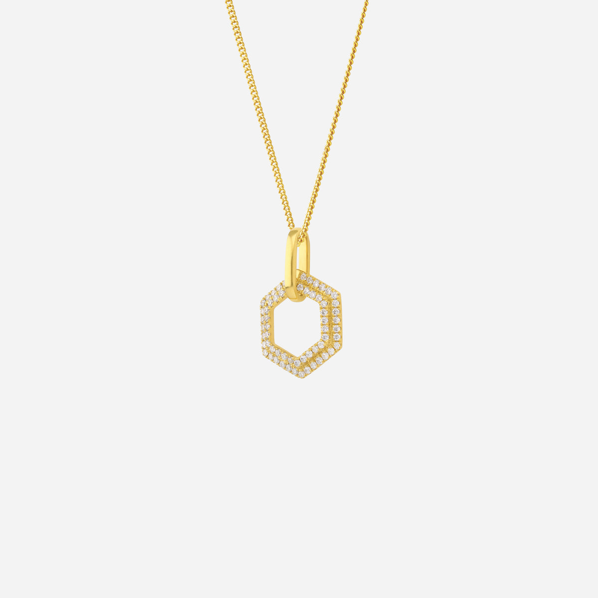 Opulent hexagonal diamond pendant in 18K yellow gold with pavé-set diamonds, featuring a contemporary geometric design.