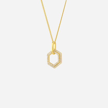 Opulent hexagonal diamond pendant in 18K yellow gold with pavé-set diamonds, featuring a contemporary geometric design.