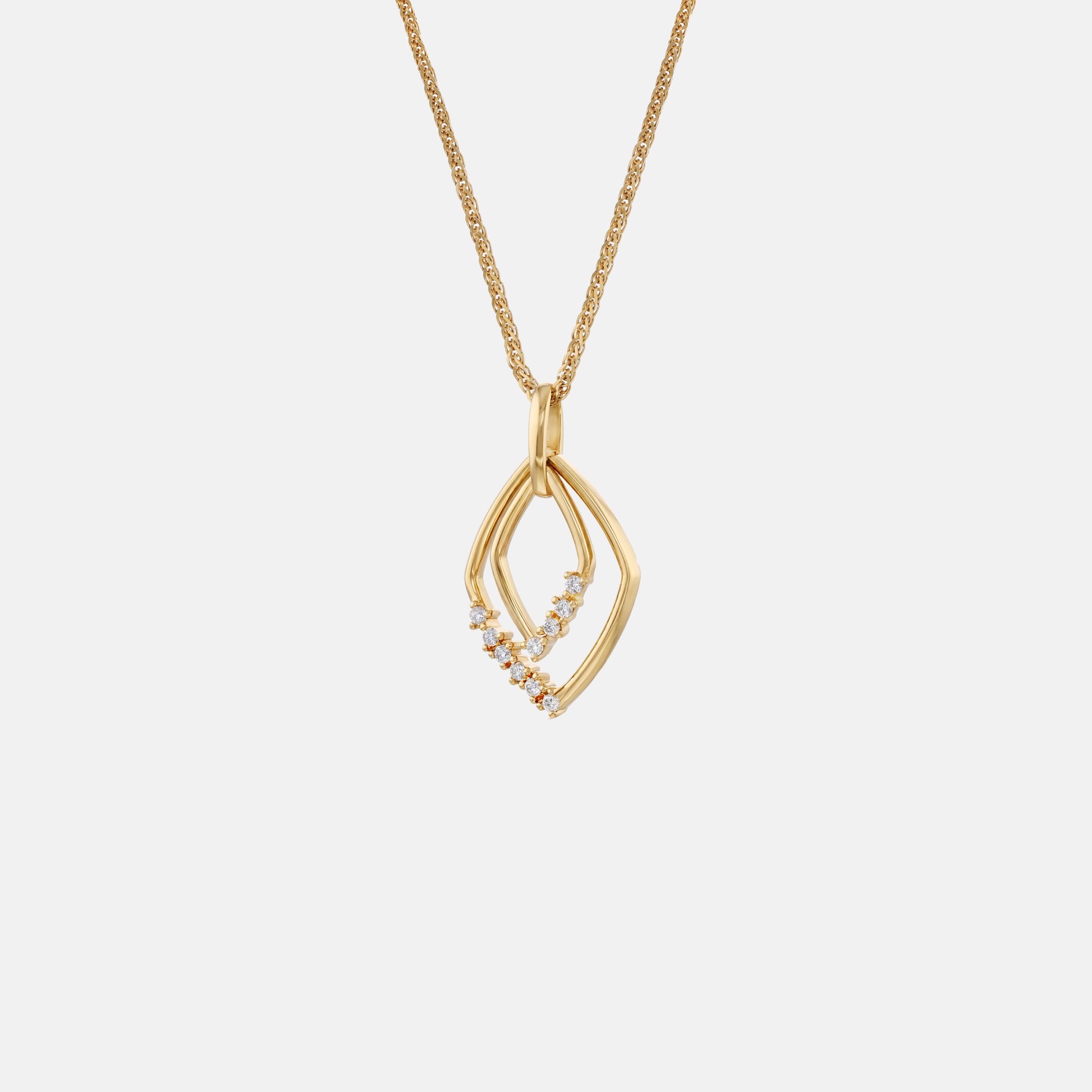 Glimmer rhombus pendant in 18K yellow gold with diamond accents, featuring a modern double rhombus design.