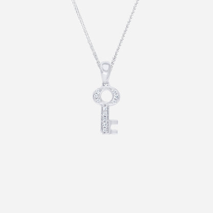Key pendant in 18K white gold adorned with sparkling diamonds, featuring an elegant key design.