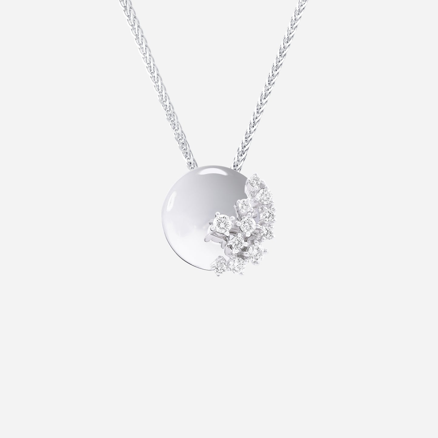 aurora cluster diamond pendant in polished 18k white gold with asymmetric diamond cluster design.