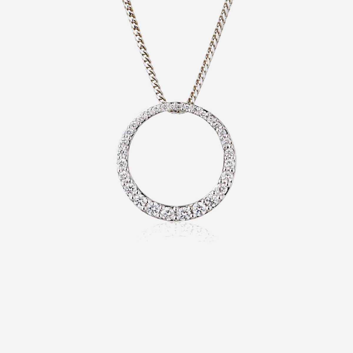 halo diamond pendant in 18k white gold, featuring a circular design adorned with sparkling diamonds.