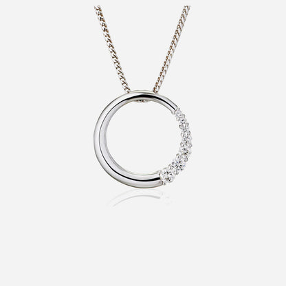Love Journey halo pendant in 18K white gold featuring seven shimmering diamonds in a contemporary design.