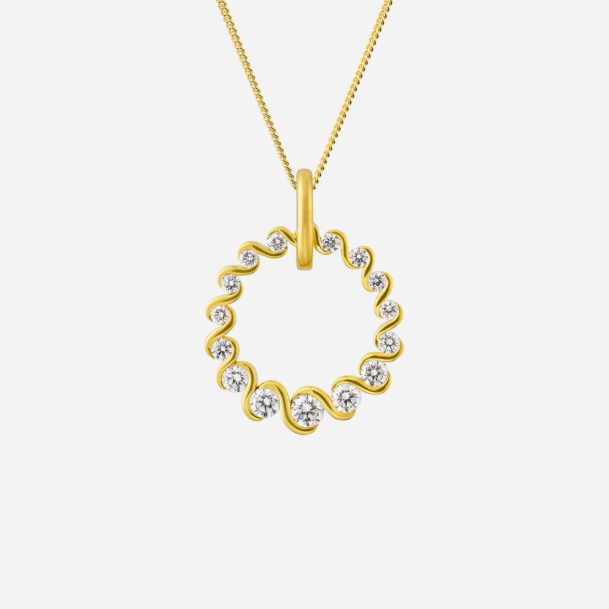 love journey diamond pendant in yellow gold with a wavy halo design and sparkling diamonds. chain sold separately.